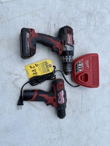 MILWAUKEE TOOLS - 2407-20 3/8'' DRILL WITH BATTERY & CHARGER / 2602-20 1/2'' HAMMER DRILL WITH BATTERY (BOTH GOOD CONDITION)