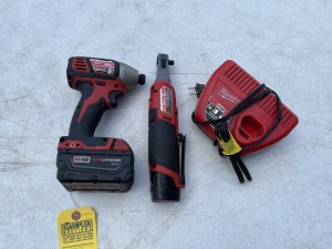 MILWAUKEE TOOLS - 2567-20 3/8'' RATCHET WITH BATTERY & CHARGER / 2656-20 1/4'' IMPACT DRIVER WITH BATTERY (BOTH VERY GOOD CONDITION)