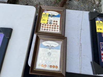 FRAMED COINS - LINCOLN MEMORIAL COINAGE - PENNIES - 12''x10'' (GOOD CONDITION) / WARTIME COINAGE - NICKLES & PENNIES - 12''x10'' (GOOD CONDITION)