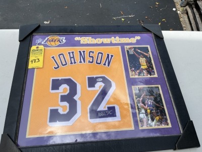 FRAMED MEMORABILIA - MAGIC JOHNSON - 2 COLOR PHOTOS / LA LAKERS ''SHOWTIME'' / SIGNED 'MAGIC JOHNSON #32' - BECKETT COA ON BACK #MJ04555