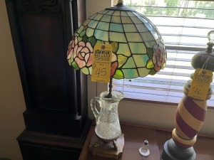 CUT GLASS PITCHER BASE LAMPS WITH TIFFANY STYLE LAMP SHADES