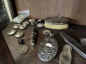 ASSORTED PIECES - CONES, BRUSHES, MINI CANNON, CONCHOS MADE FROM SILVER DOLLARS, ETC