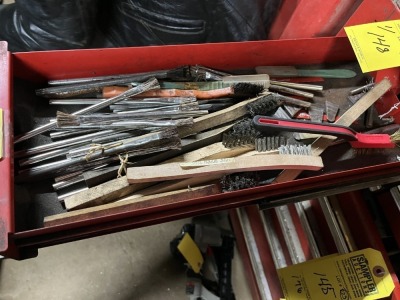 LOT ASSORTED HARDWARE, WIRE BRUSHES, ETC - CONTENTS OF 3 DRAWERS