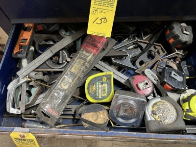 ASSORTED MEASURING TAPES, TORPEDO LEVELS, PROTRACTORS, ETC