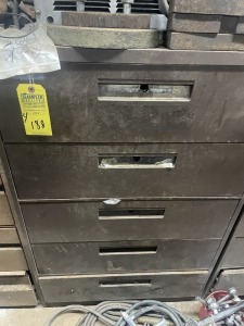 CABINET WITH 5 DRAWERS & CONTENTS - CARBURETORS, PISTON ARMS, ETC