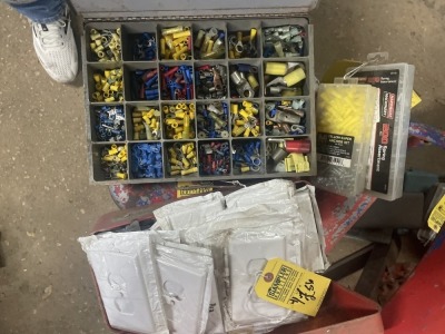 ASSORTED PIECES - MORRIS YELLOW SUPER ANCHOR KIT / SPRINGS 200-PIECE ASSORTMENT / BOX WIRE TERMINALS / ASSORTED ELECTRICAL SWITCH PLATES, GFI, SWITCHES, ETC