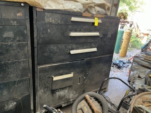 CABINET WITH 3 DRAWERS & 2 DOORS WITH CONTENTS - SHORT BLOCKS, FLY WHEELS, ENGINE PARTS, ETC