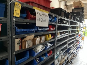 BINS ASSORTED SLIDING DOOR ROLLERS, SELF TAPPING SCREWS, DOOR LOCK STRIKES, ETC (CONTENTS OF SHELVING UNIT)