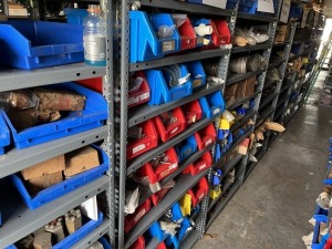 BINS & PIECES - ASSORTED PVC VALVES, DOOR CLOSER PARTS, PANIC BAR PARTS, ETC