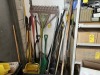 ASSORTED GARDEN TOOLS - POST HOLD DIGGERS, SHOVELS, RAKES, ETC