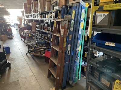 ASSORTED LADDERS - 5' WOOD / 4' FIBERGLASS WITH PLATFORM