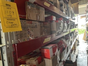 ASSORTED BOXES / BINS - WALL PLATES (RED, WHITE, METAL), OUTDOOR PLUG COVERS, ETC (10,000+ PIECES)