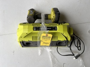 TOOLS - 1- RYOBI SUPER CHARGER STATION / 1- COMPACT IMPACT DRILL WITH BATTERY (GOOD CONDITION) (3937-70-3176-25)