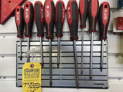 ASSORTED PIECES - 9- ASSORTED MILWAUKEE SCREWDRIVERS / 1- HUSKY MAGNETIC HOLDER (ALL VERY GOOD CONDITION)