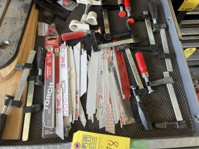 LOT CONTENTS OF DRAWER - 9- ASSORTED CLAMPS / 37- MILWAUKEE & TORCH SAWZALL BLADES (MOSTLY NEW)