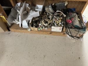 LOT ASSORTED HEATERS, HARNESSES, MOTORS, FINISH PARTS & MORE (CONTENTS OF BOTTOM SHELF)