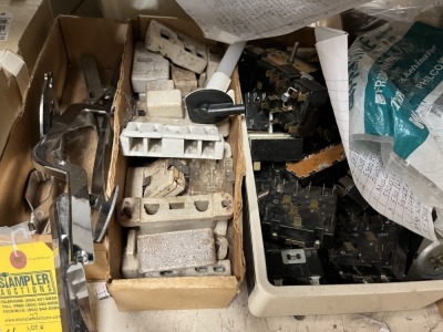 BINS ASSORTED RANGE PARTS, PORCELAIN BLOCKS & MORE - F80494 (BURNERS), 601871 (SELECTORS), ETC