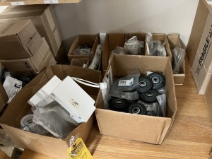 BOXES ASSORTED DRYER PARTS, ROLLERS, ADLER PULLIES, BRACKETS, ETC