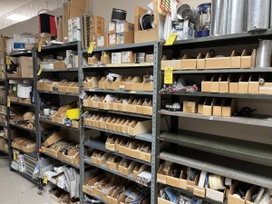 SHELVES ASSORTED EVAPORATOR MOTORS, FLUORESCENT LAMPS, CHERRY SWITCHES, MICRO SWITCHES & MORE