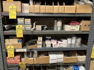 ASSORTED CAPACITORS, PCB ASSEMBLY, TEMPERATURE CONTROL & MORE (2 SHELVES)