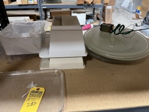 ASSORTED MICROWAVE GLASS TRAYS & ICE BINS