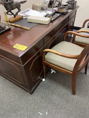 OFFICE SUITE - 1- DESK / 1- DESK CHAIR (WORN) / 2- CLIENT CHAIRS (ARMS WORN)