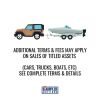 ADDITIONAL TERMS & FEES MAY APPLY ON SALES OF TITLED ASSETS (CARS, TRUCKS, BOATS, ETC) --- SEE COMPLETE TERMS & DETAILS