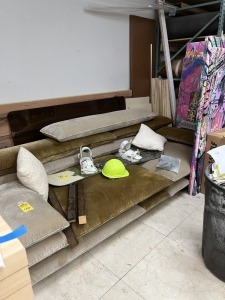 GREEN / TAN COUCH - APPROXIMATELY 111''L x 48''D