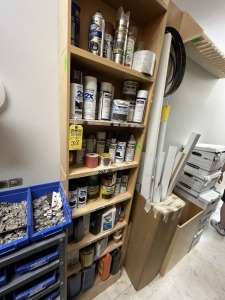 ASSORTED CONTENTS - PAINT, STAIN, SEALER, ETC - WITH SHELVING UNIT