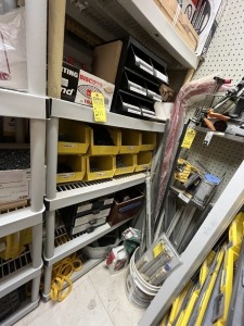 BINS ASSORTED SCREWS, CORDS, ROPES, ETC (4 SHELVES)