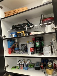 LOT CONTENTS OF CABINET - HARDWARE, TAPE, STAIN, ETC