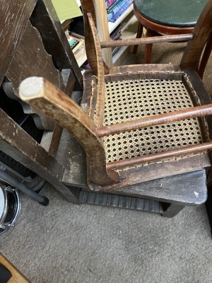 ASSORTED CHAIRS - WOOD WITH WICKER SEAT / SOLID WOOD / WOOD WITH GREEN CUSHION