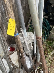 ASSORTED TOOLS - SHOVEL HEAD, AXES, POST HOLE DIGGER, ETC