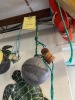 HANGING DECOR - 2- VINTAGE FISH NET CAST ALUMINUM BUOYS (NORWAY / 1940's-1950's) / 1- ROCK