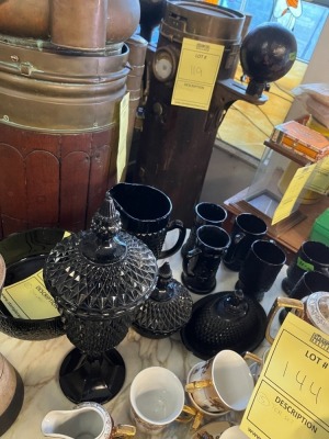 BLACK PIECES - CUPS, BUTTER DISH, BOWLS, PITCHER, ETC