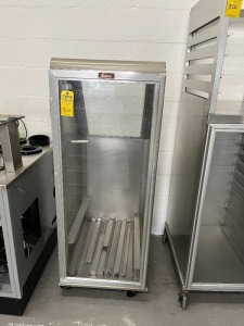 LOCKWOOD STAINLESS STEEL & GLASS CLOSED BREAD RACK ON WHEELS