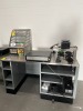 STAINLESS STEEL CASH COUNTER WITH 4 CUP DISPENSER & POS (VERIFONE CARD READER, BACKUP BATTERY, EPSON RECEIPT PRINTER, SAFE, KEYBOARD, ETC) - 5'L x 34''D