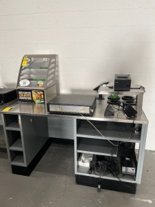 STAINLESS STEEL CASH COUNTER WITH 4 CUP DISPENSER & POS (VERIFONE CARD READER, BACKUP BATTERY, EPSON RECEIPT PRINTER, SAFE, KEYBOARD, ETC) - 5'L x 34''D