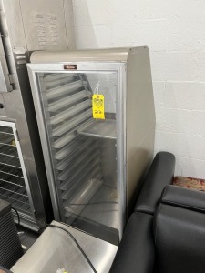 STAINLESS STEEL & GLASS BREAD CABINET ON WHEELS