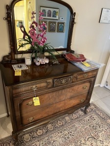 ANTIQUE CHEST ON WHEELS WITH MIRROR & 5 DRAWERS