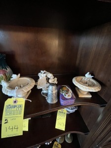 ASSORTED DECOR - STEIN, BOX, FAUX TREE, ETC (SOME DAMAGE TO STONE BIRD BATH DECOR)