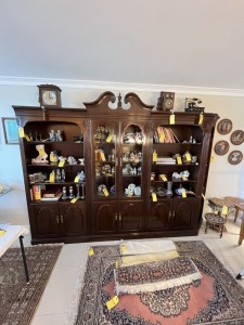 LARGE 3-PIECE GLASS & DARK WOOD CABINET - 115''W x 87''H x 14''D