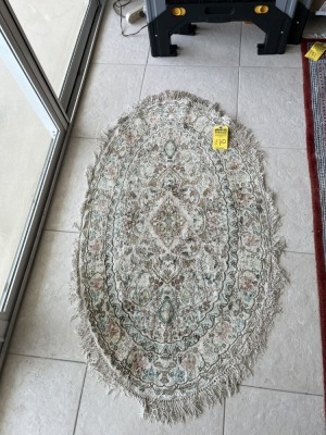 OVAL GREENISH SILK ORIENTAL RUG - COUNTRY OF ORIGIN GREECE - 29''x50''