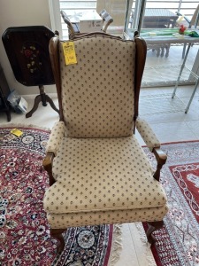 WOOD CHAIR WITH BLUE & TAN CLOTH