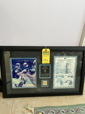 FRAMED & MATTED COLLAGE - IVAN ''PUDGE'' RODRIGUEZ - PHOTO / PIECE OF BASEBALL SKIN / PLAYERS SHEET