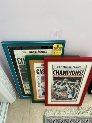ASSORTED FRAMED & MATTED SPORTS ARTICLES - HEAT / CANES / MARLINS