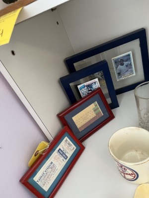 ASSORTED FRAMED TICKETS & BASEBALL CARDS