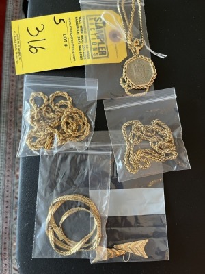 ASSORTED GOLD TONE JEWELRY - 3- CHAINS / 1- CHAIN WITH CHARM / 1- PAIR EARRINGS