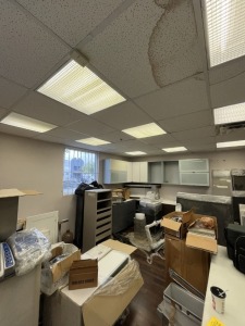 LOT UNTAGGED CONTENTS OF ROOM - CABINETS, TABLES, OTTOMANS, VASE, ETC