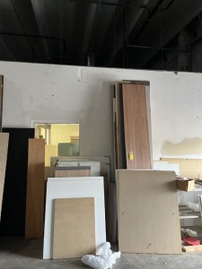 ASSORTED PIECES - WOOD, VENEER, MDF, MDFW, GLOSSY SKINS, FORMICA, ETC